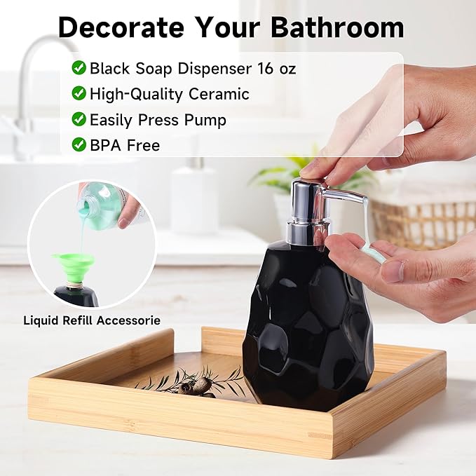 Ceramic Bathroom Accessories Set 4 PCS,Bathroom Toothbrush Holder Set,Soap and Toothbrush Holder Set,Include Toothbrush Holder,Soap Dispenser,Soap Dish,Tumbler,Bathroom Sets Decor Organizer (Black)