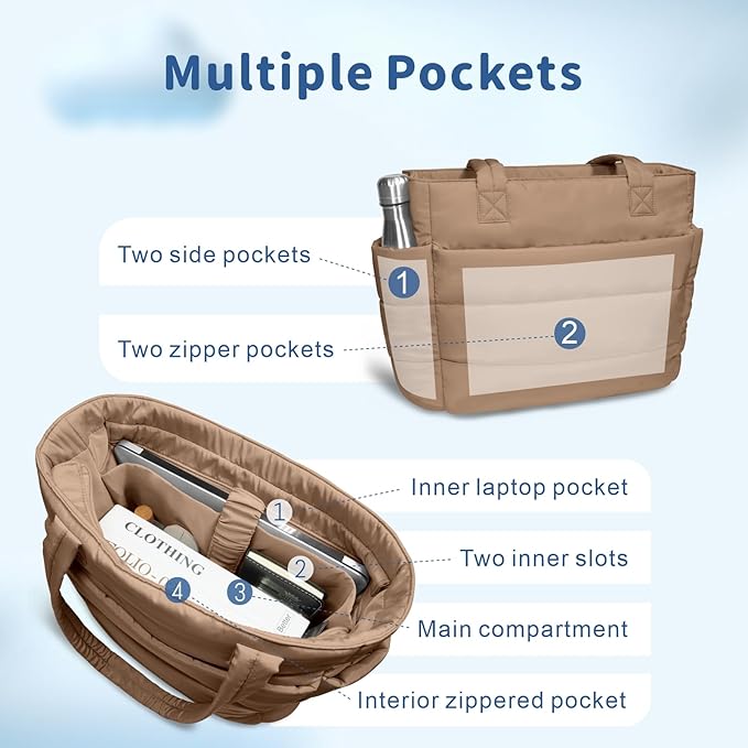 TOPDesign Puffer Tote Bag for Women, Lightweight Puffy Handbag with Compartments, Quilted Shoulder Bag for Work, Travel, Gym