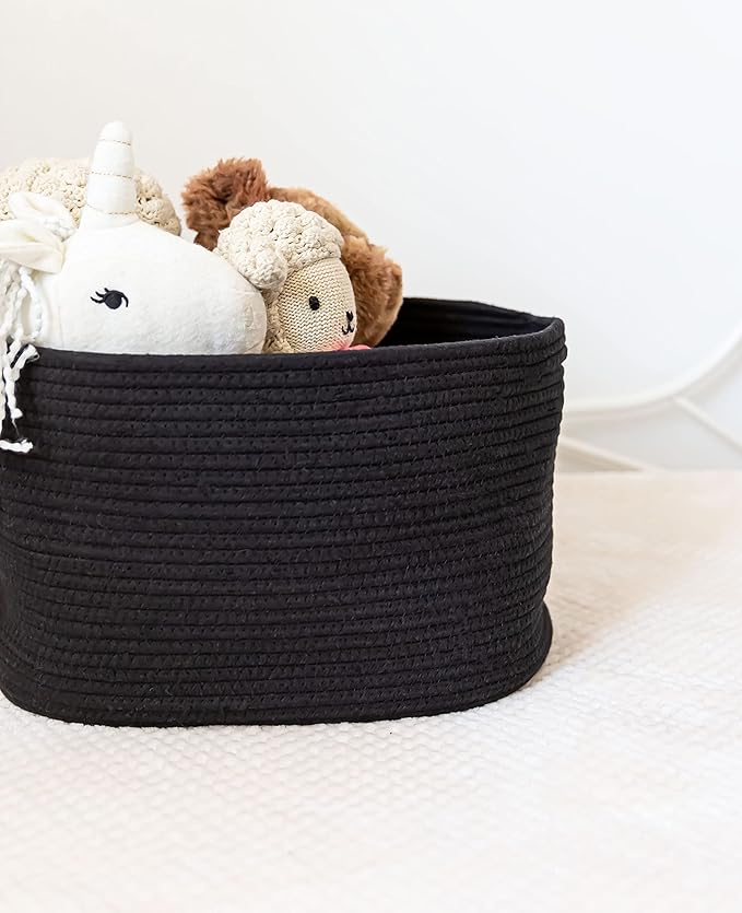 OrganiHaus Woven Storage Baskets for Organizing, Cotton Rope Organizer Bins for Shelves, Closet & Nursery, Dog Toy Basket, Decorative Bins for Toys, Towels & Books - 15x10x9, Black