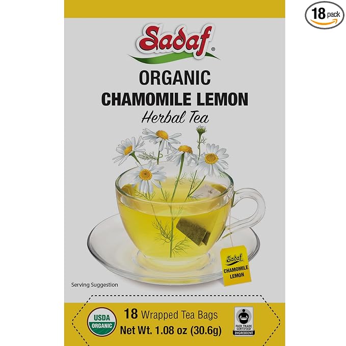 Sadaf Organic Chamomile Lemon Tea - Lemon Chamomile Tea Bags - Ideal for Hot or Iced Tea - Organic Herbal Tea - Kosher - 18 Wrapped Tea Bags