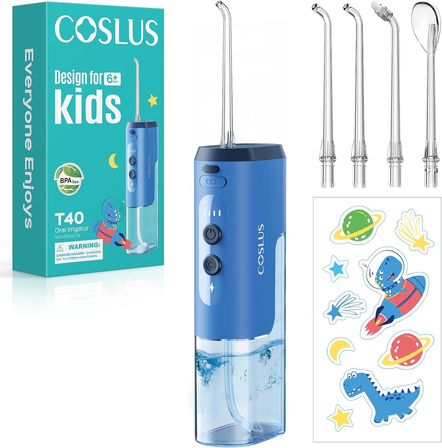 COSLUS Portable Water Flosser for Kids: 4 Gentle Modes for Ages 6+, Braces & Sensitive Teeth - with Fun DIY Stickers, 4 Storable Nozzles, Mini Compact for Home School & Travel Use, BPA-Free, Blue