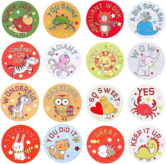 1000 PCS Cartoon Animal Stickers for Kids,Reward Stickers for Kid Teacher Classroom School Home Office (1 Inch / 2 Rolls)