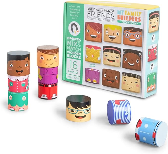 16-Piece Multiracial Magnetic Friends Play Set – Wooden Diversity Building Blocks for Kids – Multi Cultural Dolls for Creative Play & SEL Development – Ages 1+