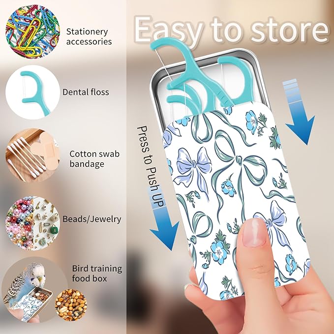 Portable Dental Floss Case, Refillable Cute Travel Floss Dispenser for Men & Women, Pocket Travel Floss Picks Case for Purse, Backpack, Bag Blue Floral Bows