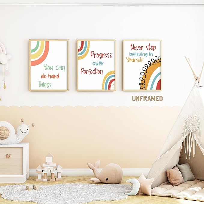 YOUHONG 3 Pieces Motivational Wall Decor Inspirational Posters Motivational Art Quotes & Play Room Wall Decor Frameless Kids Classroom Toddler Educational Posters for Classroom (12" W x 16" H x3)