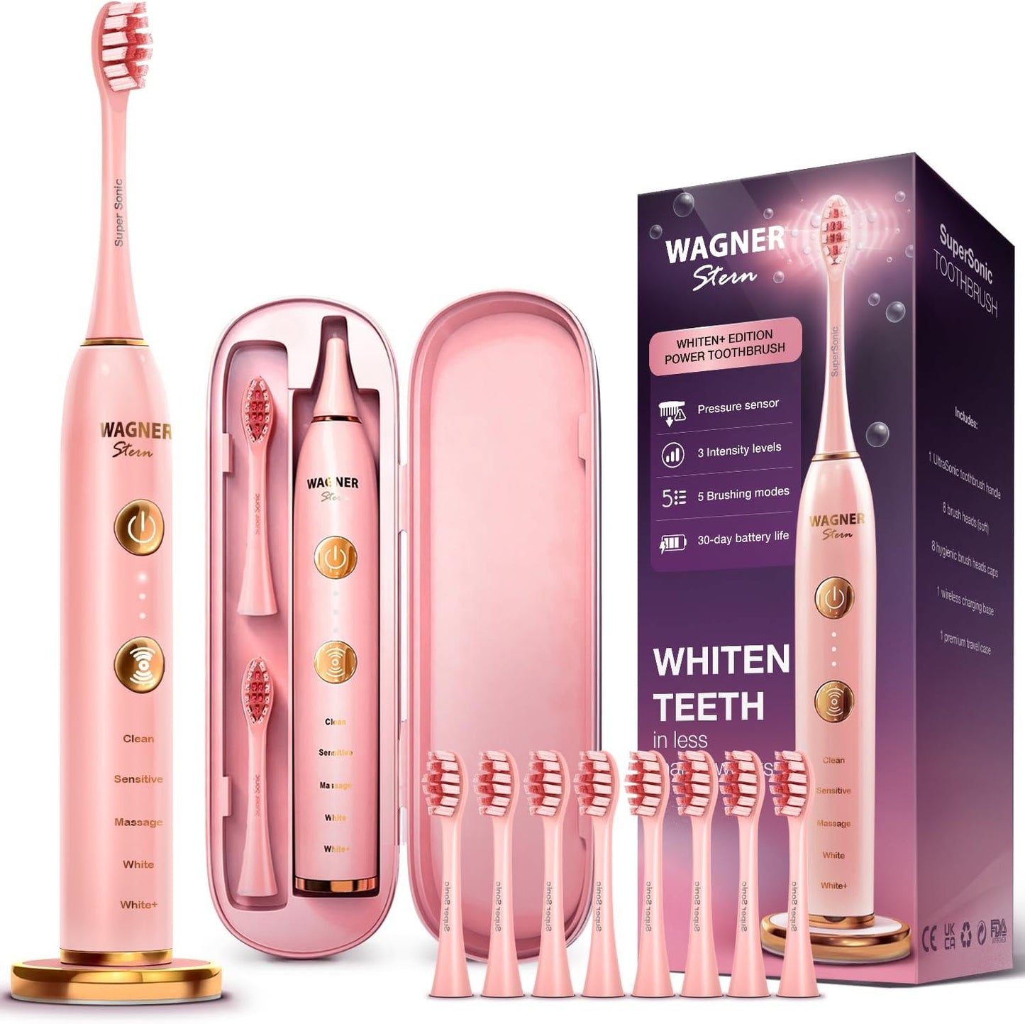 Wagner Stern WT8900 Series Electric Toothbrush – Whitening & Pressure Sensor, 5 Modes, 3 Intensities, 8 Soft Brush Heads, Rechargeable, Travel Case Included