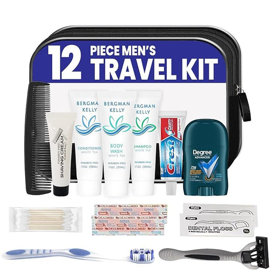 Trektote Bulk Hygiene Kit For Men – (50 Pack) 12 Piece Set Of Travel Size Toiletries, TSA Compliant, Bulk Travel Essentials, Includes Shampoo And Conditioner, Body Wash, Toiletry Bag & More