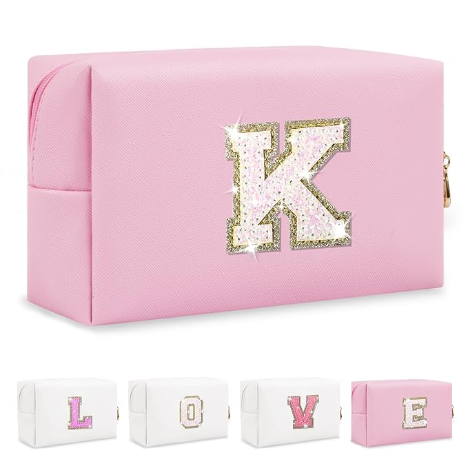 Small Personalized Initial A-Z Patch Makeup Bag,Pink Cute PU Leather Glitter Letter Cosmetic Bag for Teen Girls,Travel Toiletry Bag with Zipper,Preppy Monogrammed Birthday Gift for Daughter Niece K