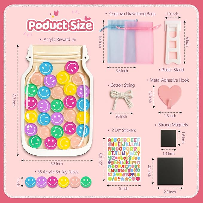 Magnetic Reward Jars for Kids - Smiley Tokens Reward Jar for Classroom 8" Star Jar Reward System Behavior Chart for Kids at Home Potty Training