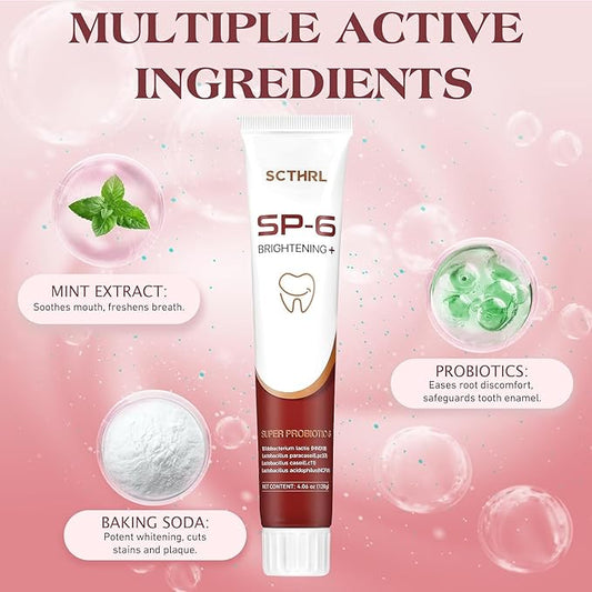 SP-6 Probiotic Whitening Fluoride Free Toothpaste, Upgraded Formula | Ultra Brightening | Gums & Enamel Repair | Mint Flavor | Dental Fresh | Removes Stain & Plaque | Sensitive Teeth Protection