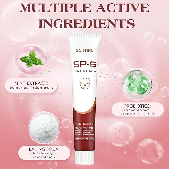 SP-6 Probiotic Whitening Fluoride Free Toothpaste, Upgraded Formula | Ultra Brightening | Gums & Enamel Repair | Mint Flavor | Dental Fresh | Removes Stain & Plaque | Sensitive Teeth Protection