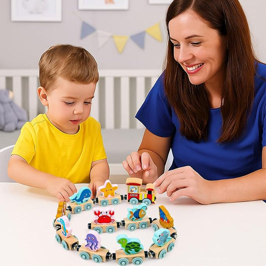 LovesTown Magnetic Wooden Sea Animal Train Set, Montessori Ocean Animal Toys for Kids, Educational Preschool Learning Activities, Toddler Birthday Gifts, 11 PCS