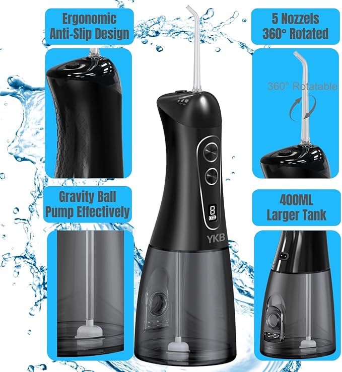 YKB Water Flosser for Teeth, 400ml 8 Modes Portable Water Flosser Cordless with Digital Display, Travel Water Oral Irrigator for Teeth Cleaning & Oral Care Rechargeable IPX7 Waterproof (Black)