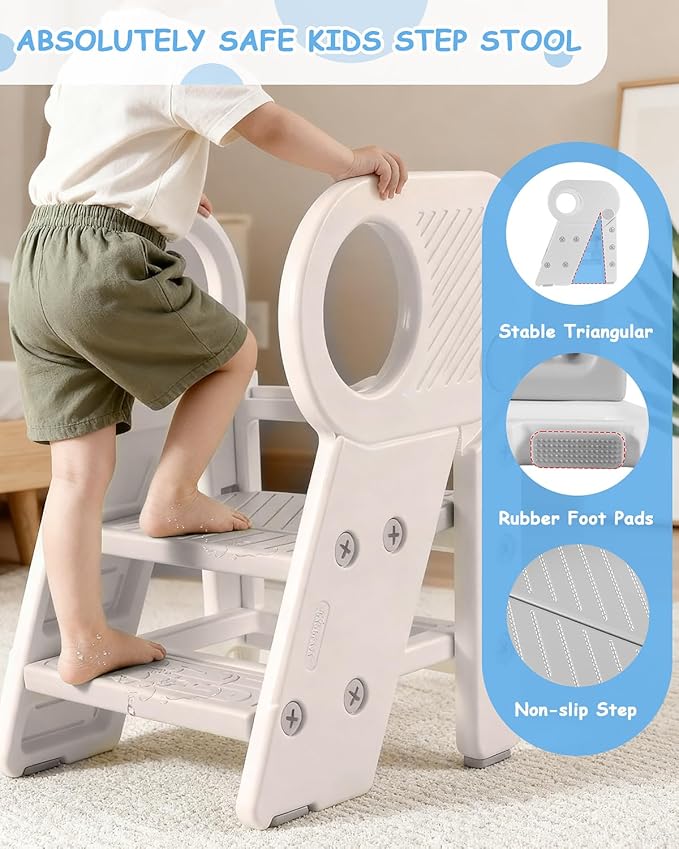 Foldable Step Stool for Toddlers, Adjustable 3 Step Stool for Bathroom Sink, Toilet Potty Training Stool with Handles, Child Kitchen Counter Bedroom Bed Stool Helper