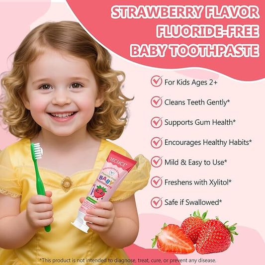 Kids Toothpaste Strawberry Flavor, Swallowable Toothpaste with xylitol and Vitamin E, Fights Plaque, Designed for Children, 2.1OZ