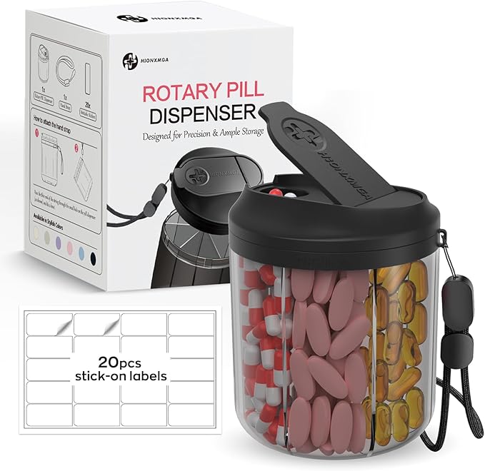 Pill Dispenser with 7 Large Compartments, Pill Organizer for Travel, Supplement Organizer with Anti-Mixing Design, BPA-Free Pill Container with 20 Pcs Labels, Black