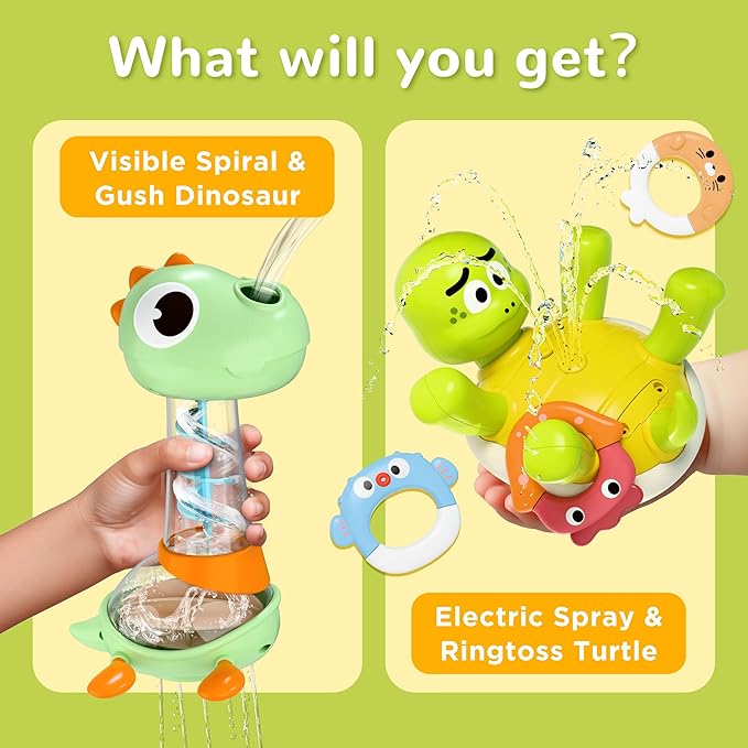 iPlay, iLearn Baby Bath Toy Set, Toddler Bathtub Toy Rechargeable Turtle Sprinkler W/ 5 Rings, Dinosaur Spiral Water Bathtime Shower Summer Birthday Gifts 18 Month 2 3 4 Year Old Kids Boy Girl Infant