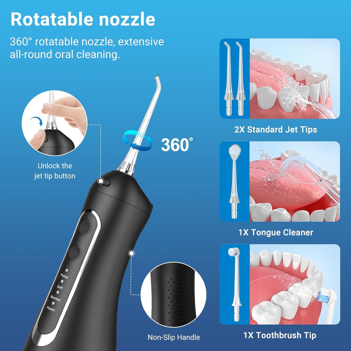 Cordless Water Dental Flosser Oral irrigator,JNGOODS 300ml Rechargeable Water flosser for Teeth IPX7 Waterproof 4 Modes Portable Oral Irrigator with 4 Jet Tips, Travel Home use