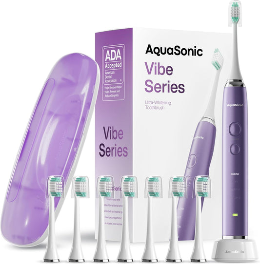 Aquasonic Vibe Series Ultra-Whitening Toothbrush – ADA Accepted Electric Toothbrush - 8 Brush Heads & Travel Case – 40,000 VPM Motor & Wireless Charging - 4 Modes w Smart Timer – Satin Violet