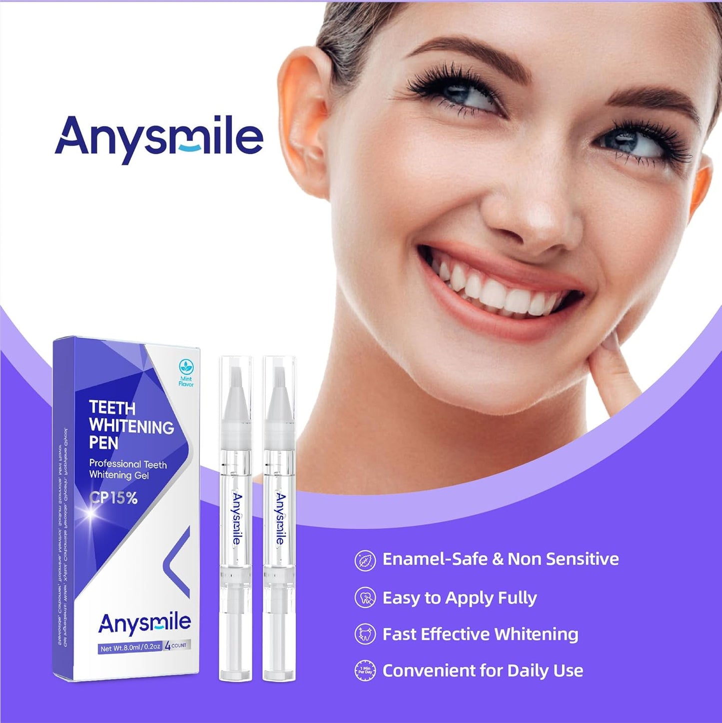 Teeth Whitening Pens Non Sensitive Teeth Whitener Gel with Effective 15% Carbamide Peroxide, 4 Professional Tooth Whitening Gel Pens 2ml/Pen
