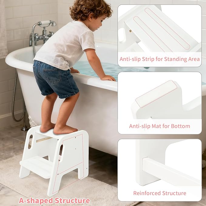 WOOD CITY Toddler Step Stool, Wooden 2 Step Stools for Bathroom Sink Potty Training Kitchen Dual Height Stool Helper for Kids Bonus Non-Slip Pads and Handles for Safety (White)