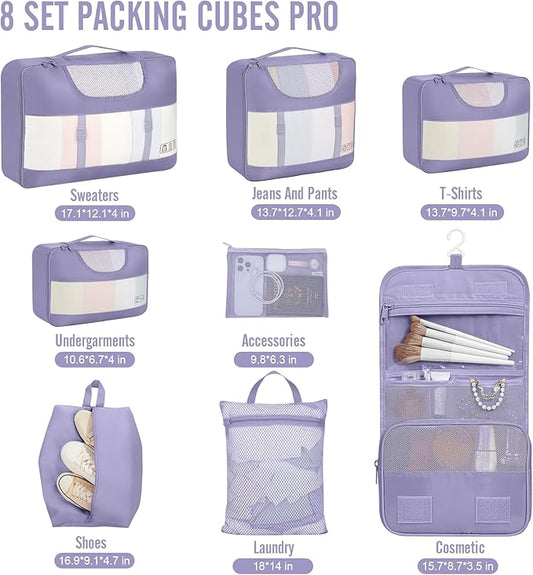 Veken 8 Set Packing Cubes for Travel Essentials, Suitcase Organizer Bags in 4 Sizes, Carry-On Luggage Accessories with Large Laundry & Hanging Toiletry Bag, Must-Have for Airplane, Road Trip & Camping