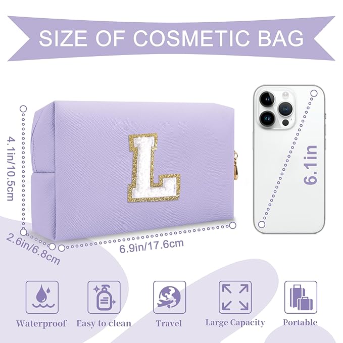 Personalized Makeup Bag Initial A-Z Preppy Patch Bag,Small PU Leather Travel Cosmetic Bag Pouch with Zipper,Purple Cute Toiletry Bag,Gift Ideal for Teen Girls Women Birthday Friend Mom,Latter L