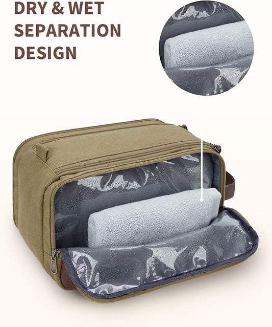 WANDF Toiletry Bag for Men Travel Toiletry Organizer Canvas and Leather Dopp Kit Water-Resistant Shaving Bag for Travel Accessories (Classic Khaki, Large)