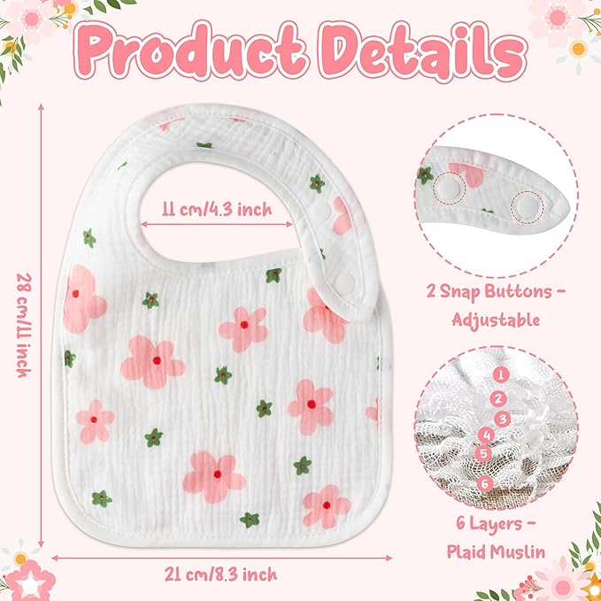 Zainpe 6Pcs Snap Muslin Cotton Baby Bibs Flowers Strawberry Patterns Infants Drooling Bib Soft Absorbent Adjustable Feeding Burp Cloths for Newborns Boy Girl Toddlers Teething Eating 0 to 36 Months