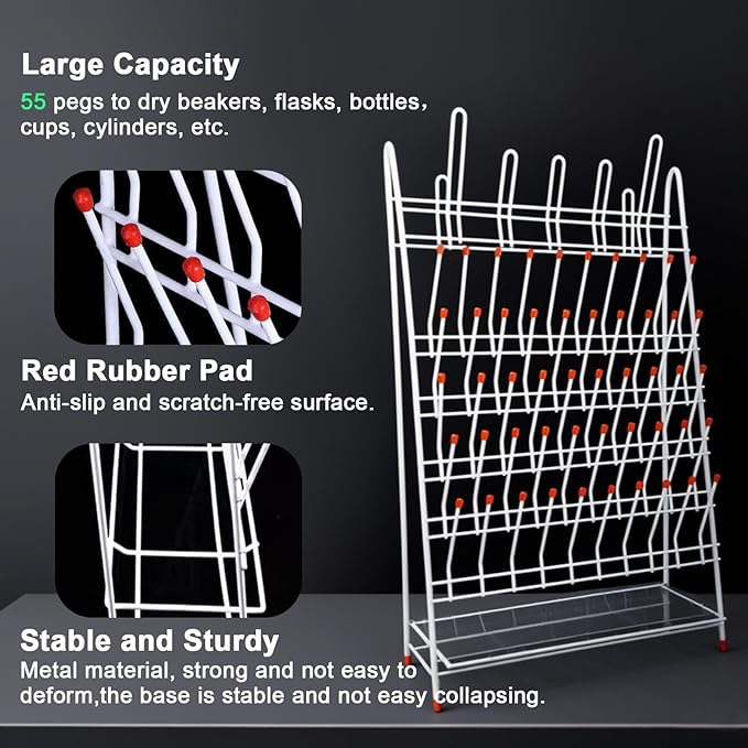 Lab Drying Rack 55 Pegs Lab Glassware Rack Steel Wire Glassware Drying Rack Free-Standing Tube Drying Draining Rack for School Laboratory Utensils (55 pegs)