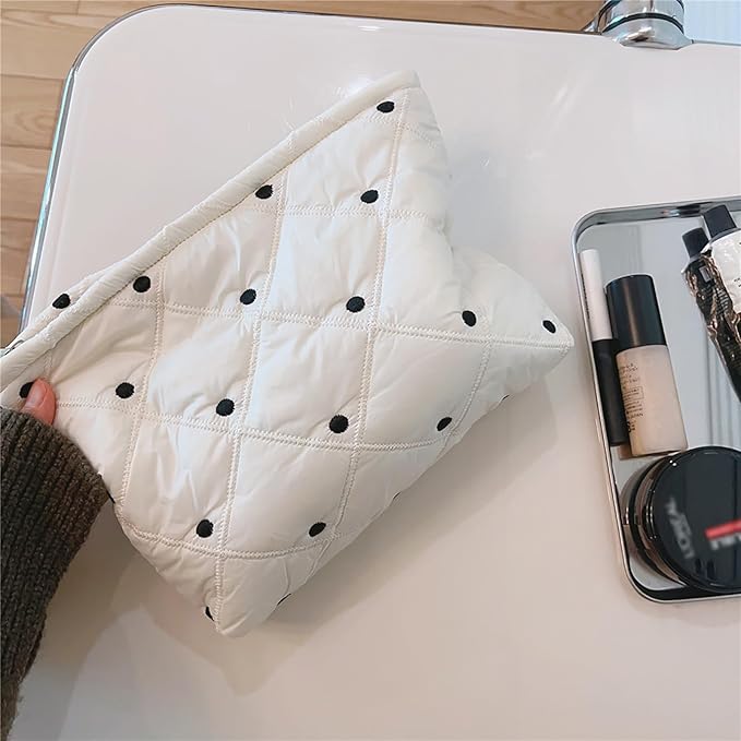 HAPPYHEIDI Aesthetic Quilted Makeup Bag Cosmetic Travel Pouch Purse Organizer, Canvas Lined, Cute Embroidery Diamond Dots Creamy White Silky Polyester