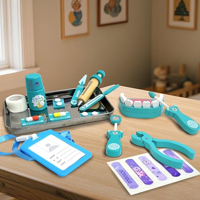 Doctor Kit for Toddlers 3-5, Wooden Kids Dentist Play Set, Doctor Play Set Pretend Play Toys for Toddlers , Realistic Wooden Medical Kit Role Play Set, Gifts for Boys Girls 3+ Years