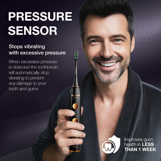 Wagner Stern WHITEN+ Edition. Whitening Electric Toothbrush with Pressure Sensor. Offers 5 Brushing Modes, 3 intensities, 8 Soft Brush Heads, and a Luxury Travel case.