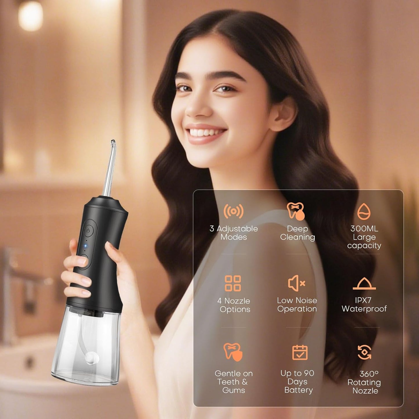 Water Dental Flosser - Portable Cordless Oral Irrigator 300ML, Rechargeable IPX7 Waterproof Irrigation Cleaner for Teeth Cleaning & Flossing, Travel & Home Use