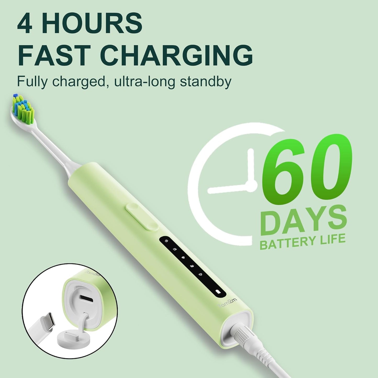 7AM2M Sonic Electric Toothbrush for Adults and Kids, 40000VPM Power Toothbrushes, USB-C Rechargeable with 4 Brush Heads, 5 Modes, 2 Minutes Built in Smart Timer, One Charge for 60 Days (Green)