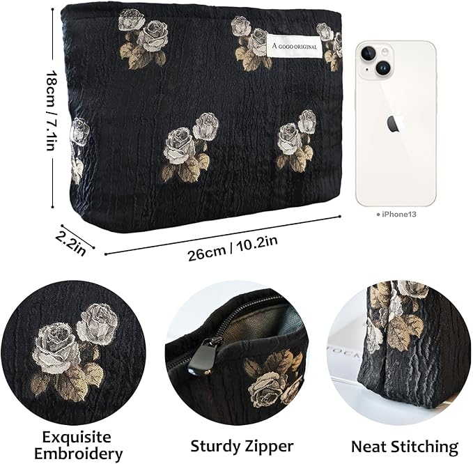 STARDW Aesthetic Floral Makeup Bag Cute Small Cosmetic Bags for Women Girls, Travel Toiletry Bag Large Capacity Zipper Makeup Pouch, Purse Organizer Pouches (Rose Vintage)
