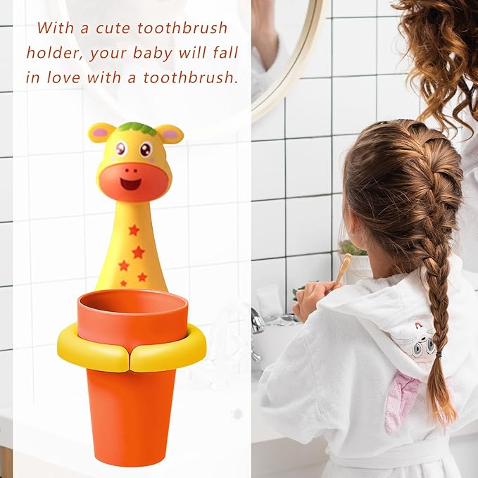 Kids Toothbrushes Holder Animal Tooth Cup Holder,Mouthwash Cup Rack for Children,Wall Mounted Sucker Toothpaste Storage Set Cute Household Toothpaste Rack No Punching Shelf Bracket with Cup (Fawn)