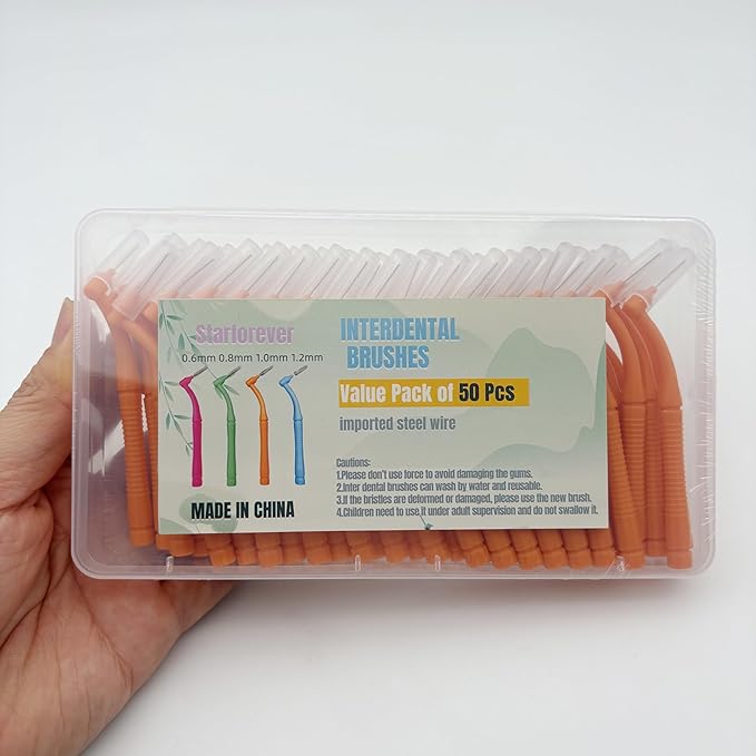 50 Pcs Interproximal Brush, Gum Interdental Brushes, L Angle Reusable Dental Cleaners Brushes,Disposable Oral Dental Hygiene Brush,Dental Toothpick Floss for Braces,Tooth Cleaning Tool (Yellow)