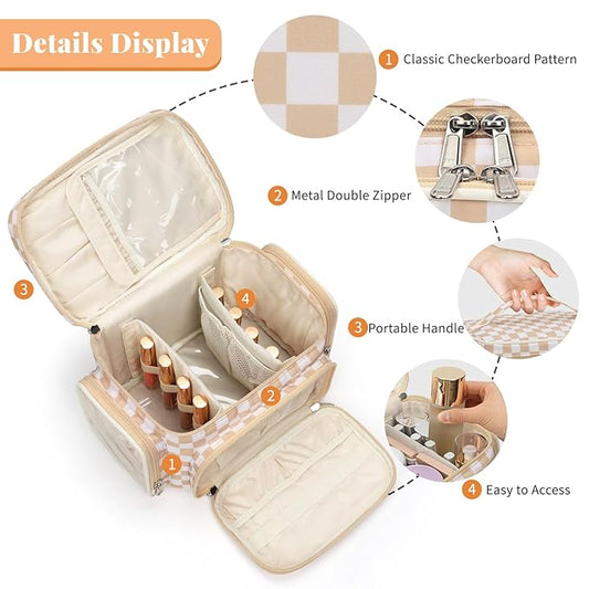 Large Makeup Bag, Portable Travel Makeup Bag Organizer for Women Girls with Makeup Brush Compartment & Two Side Pockets, Cosmetic Travel Bag Vertical Storage Toiletry- Checkerboard