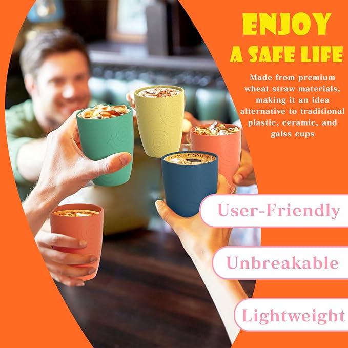 Homienly Wheat Straw Cups Alternative to Plastic Cups Set of 4 Premium Drinking Glasses - 12 OZ, Unbreakable Drinking Cups, Dishwasher & Microwave Safe Tumbler Cups for Kitchen, Kids, Picnic - Multi