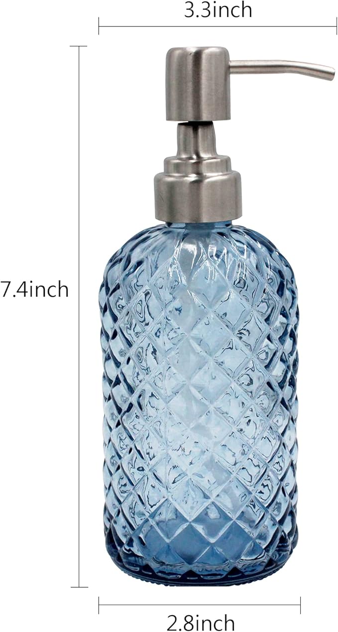 16 oz Diamond Pattern Glass Soap Dispenser, Kitchen and Bathroom Refillable Soap Dispenser with Rust Resistant Stainless Steel Pump for Hand Soap, Lotion Glass Liquid Dispenser(Blue - 2 Pack)