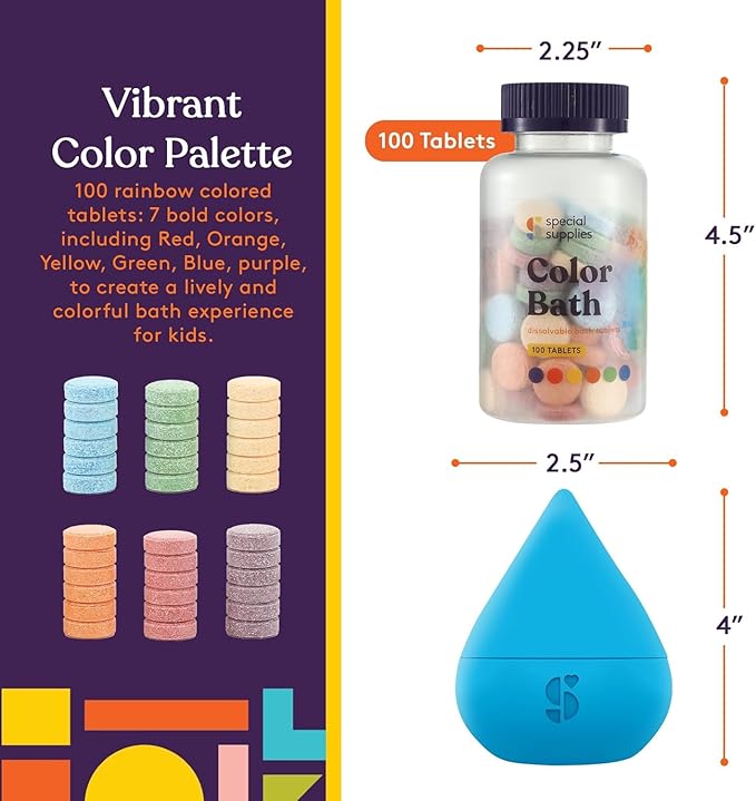 Special Supplies Color Bath Tablets for Kids, 100-Count, Dissolvable, Water Color-Changing Fun, Non-Staining Dye, Cute Toy Included