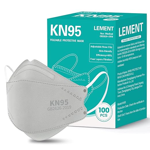 LEMENT KN95 Face Masks - 100 Pack Breathable Comfortable Disposable Masks For Adult, Filter Efficiency≥95%, Elastic Ear Loops, Grey