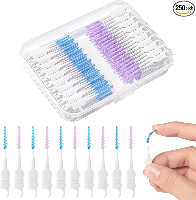 250 Pieces Interdental Brushes, Silicone Dental Floss Picks with Case Dental Brushes Dental Picks Tooth Floss Picks for Teeth Cleaning(Blue, Purple)