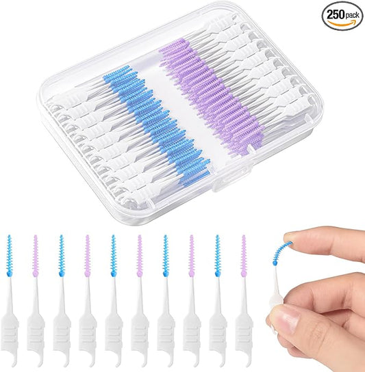 250 Pieces Interdental Brushes, Silicone Dental Floss Picks with Case Dental Brushes Dental Picks Tooth Floss Picks for Teeth Cleaning(Blue, Purple)
