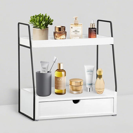2-Tier Bathroom Organizer Countertop with Drawer, Wood Counter Organizer for Bathroom Decor, Sink Shelf for Vanity Storage, Makeup Tray for Perfume Skincare Bedroom Kitchen Corner