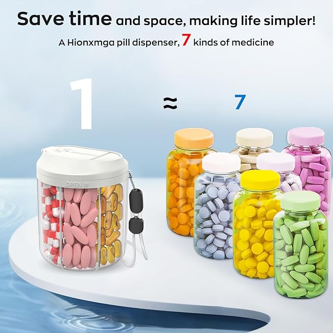 Pill Dispenser with 7 Large Compartments, Pill Organizer for Travel, Supplement Organizer with Anti-Mixing Design, BPA-Free Pill Container with 20 Pcs Labels, Beige