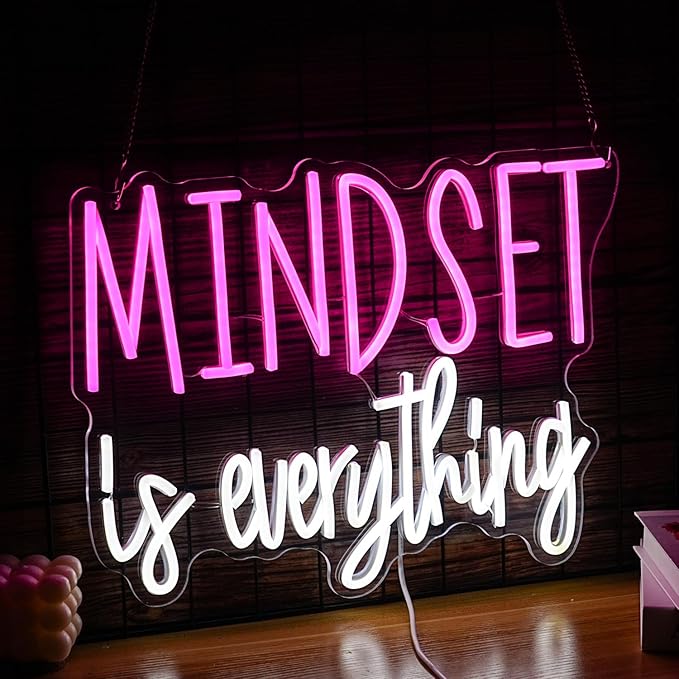 Mindset is Everything Neon Sign Dimmable Inspirational LED Light Up Sign for Wall Decor USB Powered Positive Quotes Motivational Neon Light for Office School Home Led Decor (Pink White)