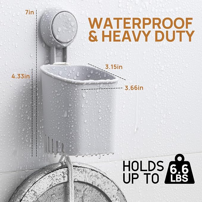 LEVERLOC Powerful Suction Cup Toothbrush Holder, Drill-Free Wall Shower Holder for Toothbrush, Toothpaste, Razor, Removable Suction Cup in Shower, Self-draining Kitchen Tableware Organizer, Gray