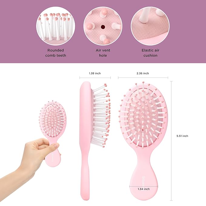 Mini Hair Brush, Detangling Hairbrush for Dry and Wet Hair, Small Size Travel Detangler Brush for Girls Boys Kids Women Men for All Hair Types Pink